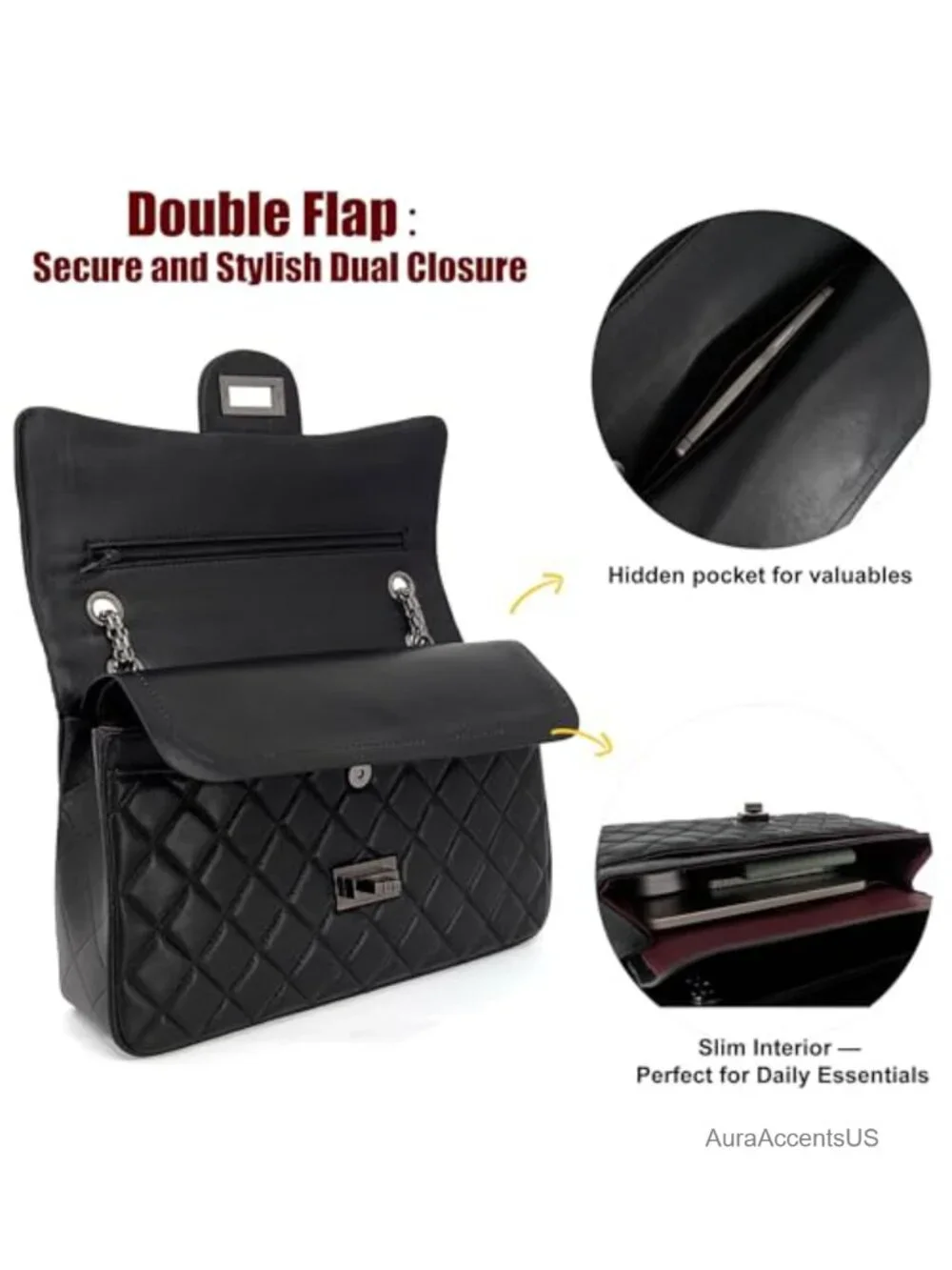 Quilted Lambskin Leather Crossbody Bag with Adjustable Chain Strap Flap Purse